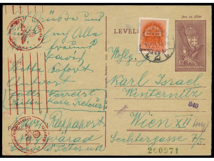 Ghetto Nagyvarad (Oradea), &nbsp;Ungarn - Ganzsache 12 f. mit Zusatzfrankatur 12 f, ungarischer Stempel Nagyvarad 13.3.42, na