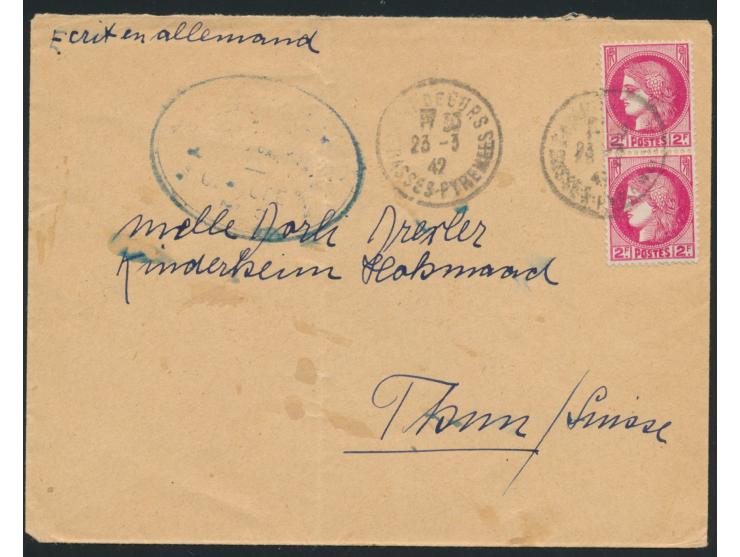 Frankreich 2x 2 F. auf Brief nach Thun in der Schweiz, Stempel Gurs 23.3.42, Absender ist die Mannheimer Krankenschwester  Ma