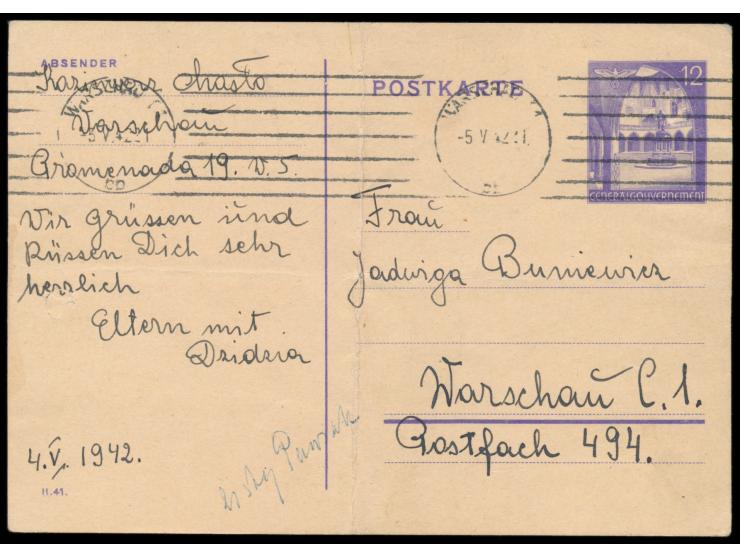 Generalgouvernement-Ganzsache 12 Gr mit Maschinenstempel Warschau C 1 5.5.42 an Frau Jadwiga Buniewicz, Postfach 494, Warscha