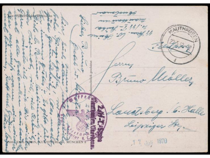 Konzentrationslager Mauthausen, &nbsp;Feldpostkarte mit Stempel Mauthausen 22.5.42 nach Landsberg, Briefstempel &nbsp;Waffen-
