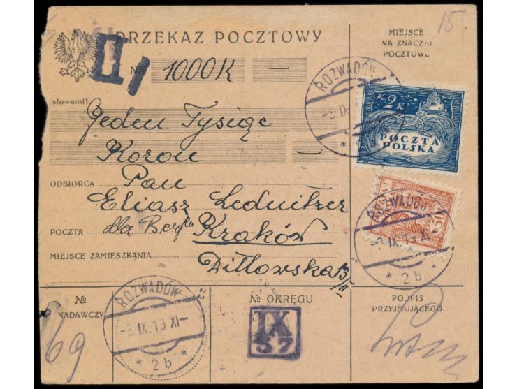 Postanweisung  auf 1000 K., Frankatur 50 H. und 2 K., Österreich-Stempel  Rozwadow  3.9.19, nach Krakow, rückseitig Aushilfsp
