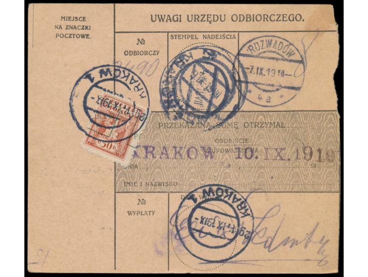 Postanweisung  auf 1000 K., Frankatur 50 H. und 2 K., Österreich-Stempel  Rozwadow  3.9.19, nach Krakow, rückseitig Aushilfsp