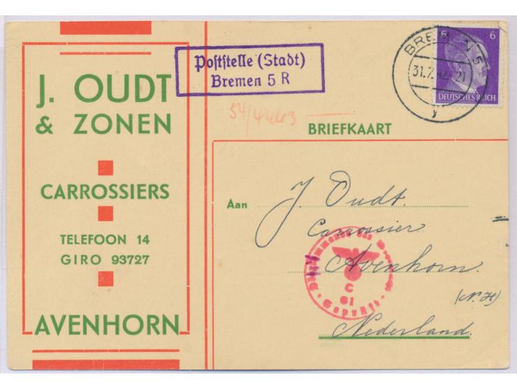 Niederländische Firmenkarte mit 6 Pf. Hitler nach Holland, violetter R2  Poststelle (Stadt) Bremen 5 R  und Stempel  Bremen 5
