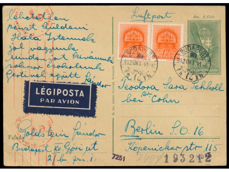 Ungarn-Ganzsache 8 f mit 2 x 12 f als Luftpostkarte von Budapest 11.10.1942 mit OKW-Zensur Wien nach Berlin, Empfängerin ist 