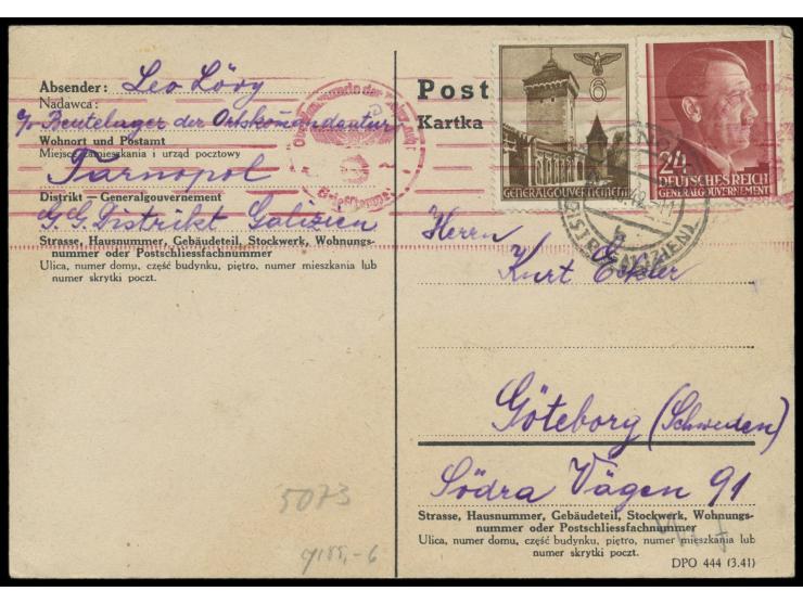 6 und 24 Gr. Generalgouvernement auf Auslandskarte mit OKW-Zensur nach Schweden. Seltener Beleg aus dem  Ghetto Tarnopol . Sc