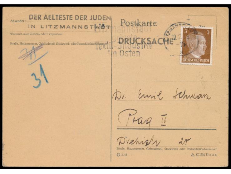 Ghetto Litzmannstadt,  Vordruckkarte  "Der Aelteste der Juden in Litzmannstadt"  als Drucksache nach Prag, Maschinenstempel L