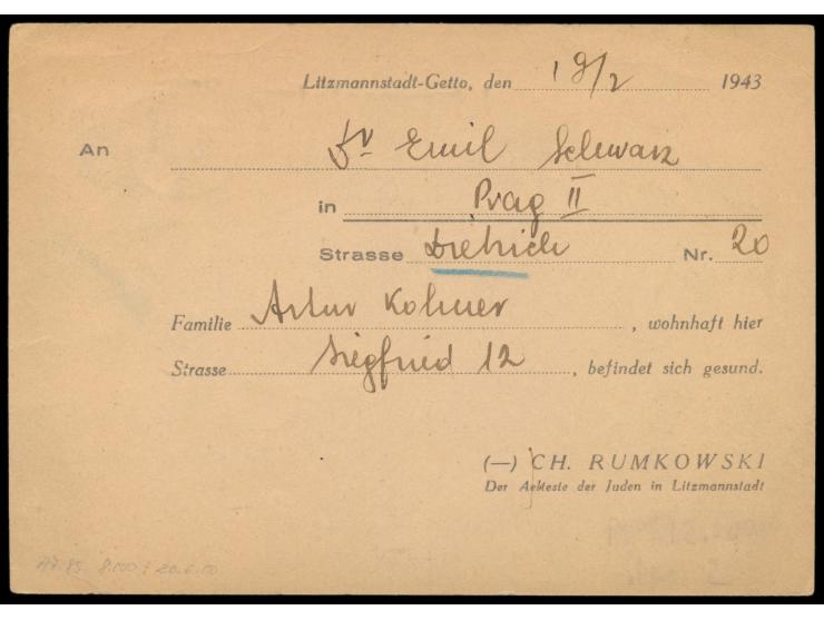 Ghetto Litzmannstadt,  Vordruckkarte  "Der Aelteste der Juden in Litzmannstadt"  als Drucksache nach Prag, Maschinenstempel L