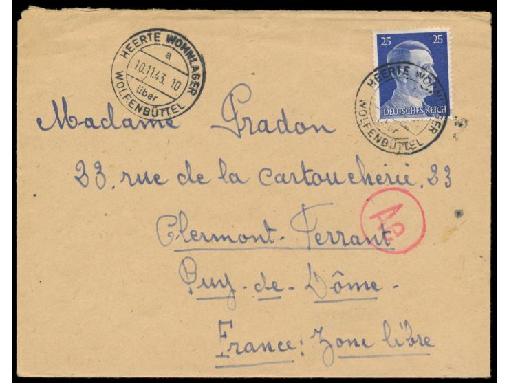 25 Pf. Hitler mit seltenem Stempel  Heerte Wohnlager über Wolfenbüttel  10.11.43 auf Brief eines französischen Zwangsarbeiter