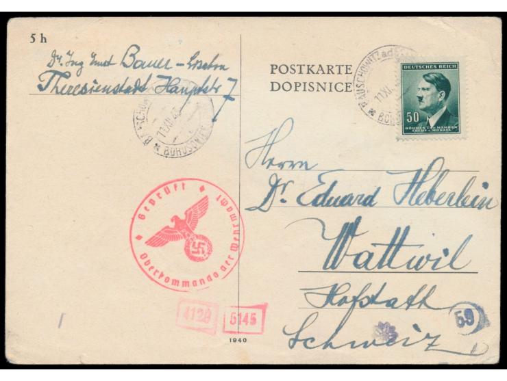 Ghetto Theresienstadt,  Empfangsbestätigungskarte für ein Paket, weißer Karton, ohne Druckvermerk, Frankatur Böhmen-Mähren 50