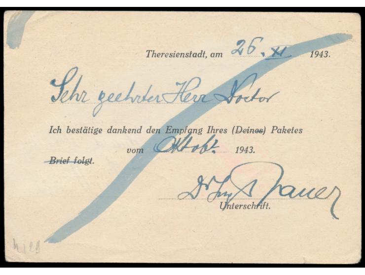 Ghetto Theresienstadt,  Empfangsbestätigungskarte für ein Paket, weißer Karton, ohne Druckvermerk, Frankatur Böhmen-Mähren 50