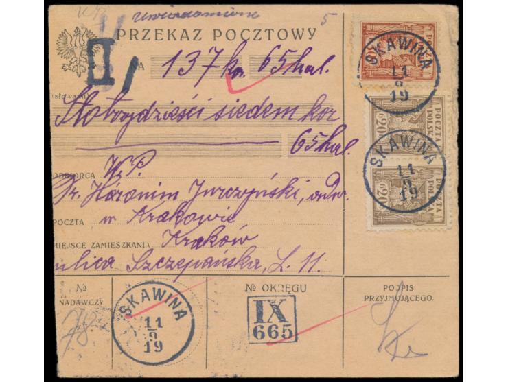 Postanweisung  auf 137 K., Frankatur 2 x 20 H. und 30 H., Österreich-K1  Skawina  11.9.19, nach Krakow, rückseitig Aushilfspo