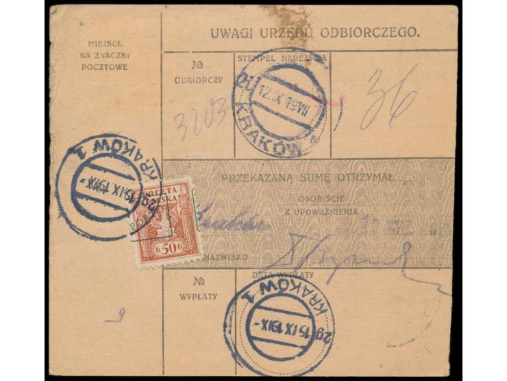 Postanweisung  auf 137 K., Frankatur 2 x 20 H. und 30 H., Österreich-K1  Skawina  11.9.19, nach Krakow, rückseitig Aushilfspo