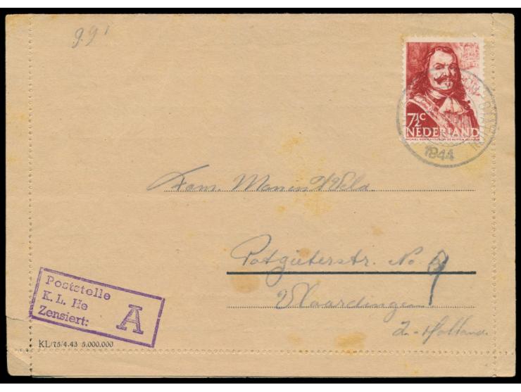 Konzentrationslager Herzogenbusch,  Vordruck-Faltbrief mit Druckvermerk "KL/75/4.43 5.000.000, innen Auszug der Lagerordnung,