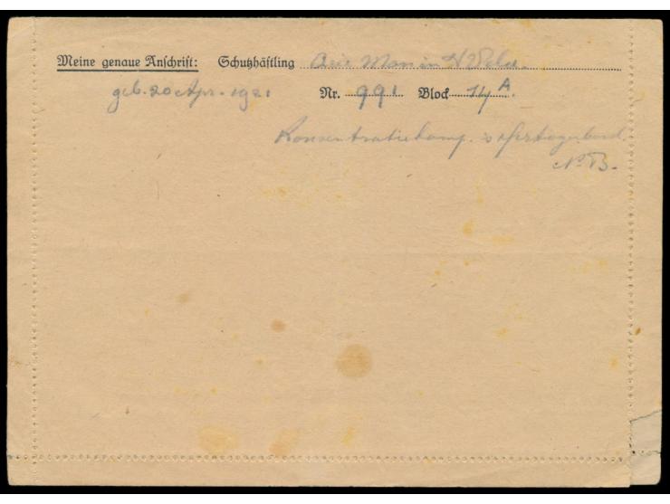 Konzentrationslager Herzogenbusch,  Vordruck-Faltbrief mit Druckvermerk "KL/75/4.43 5.000.000, innen Auszug der Lagerordnung,