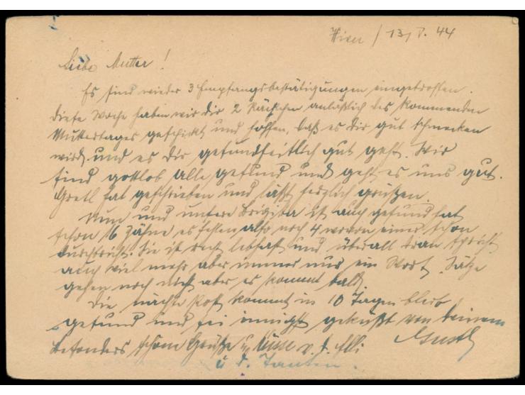 Hitler-Ganzsache aus  Wien  vom 13.5.1944 an Marta Fink im  Ghetto Theresienstadt ,   wie üblich ohne Poststempel, Eingangsst