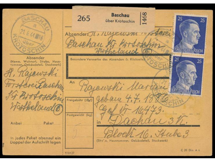 3 x 25 Pf. auf Paketkarte aus  Baschin über Krotoschin  21.6.44 für ein Paket an einen Häftling im  Konzentrationslager Dacha