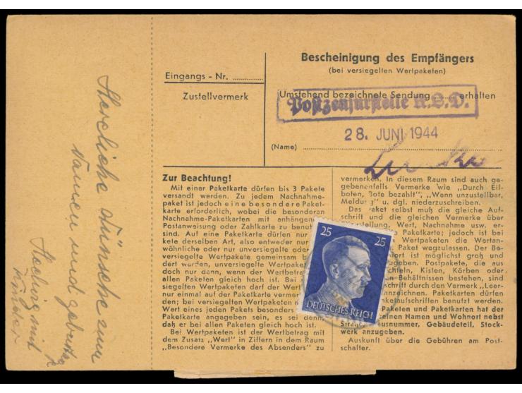 3 x 25 Pf. auf Paketkarte aus  Baschin über Krotoschin  21.6.44 für ein Paket an einen Häftling im  Konzentrationslager Dacha