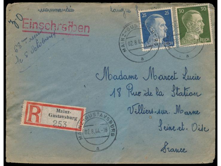 25 Pf. und 30 Pf. Hitler auf  Einschreibbrief  eines französischen Zwangsarbeiters des MAN-Werks in Gustavsburg nach Frankrei