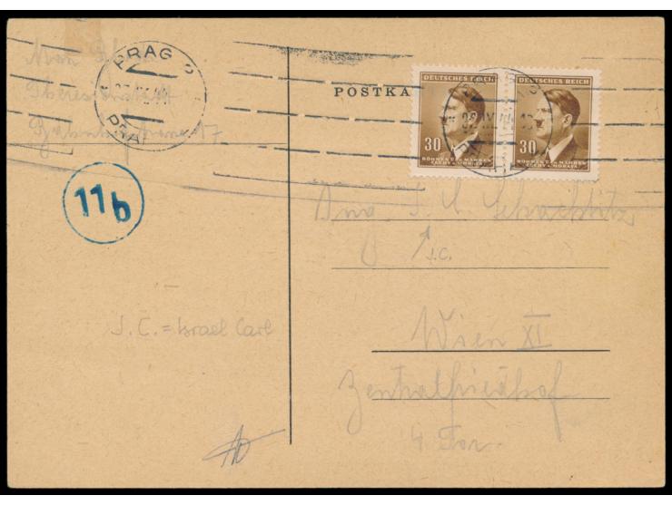 Ghetto Theresienstadt,  Empfangsbestätigungskarte für ein Paket, hellbrauner Karton, Druckvermerk "A 6/335-V/7-VIII.44-50m - 