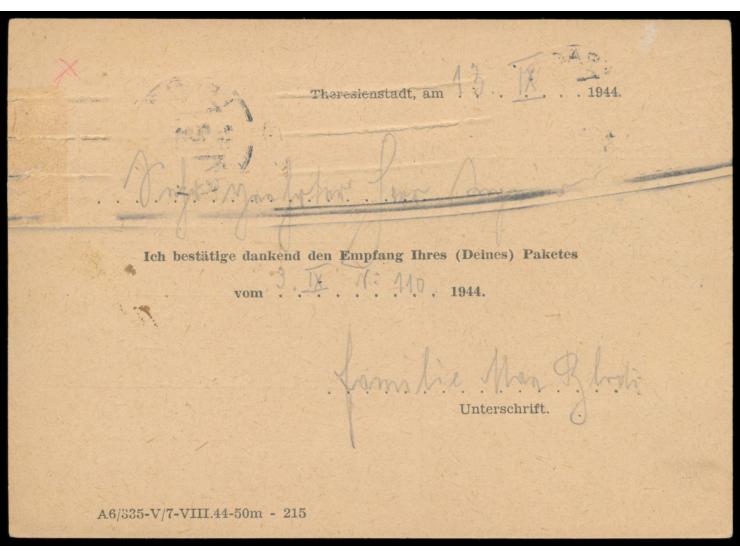 Ghetto Theresienstadt,  Empfangsbestätigungskarte für ein Paket, hellbrauner Karton, Druckvermerk "A 6/335-V/7-VIII.44-50m - 