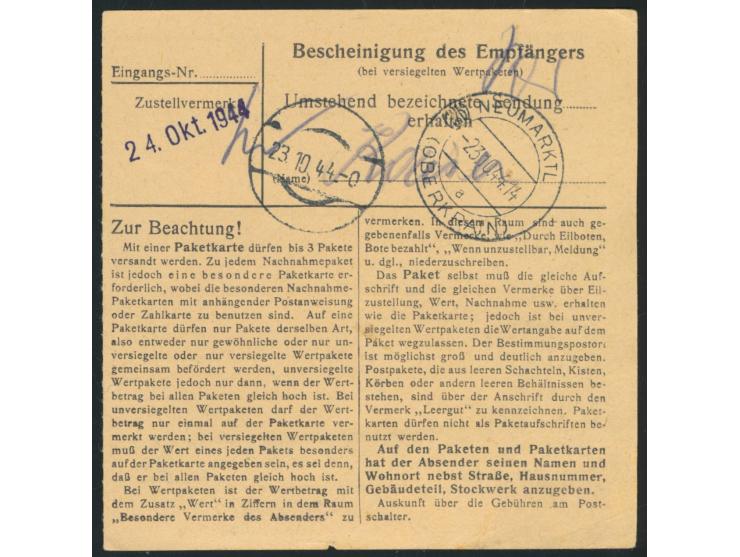 Einzelfrankatur 60 Pf. Hitler auf  Paketkarte  mit Stempel  Ehrenstein über Ulm (Donau)  12.10.44 an einen  SS-Mann des SS-La