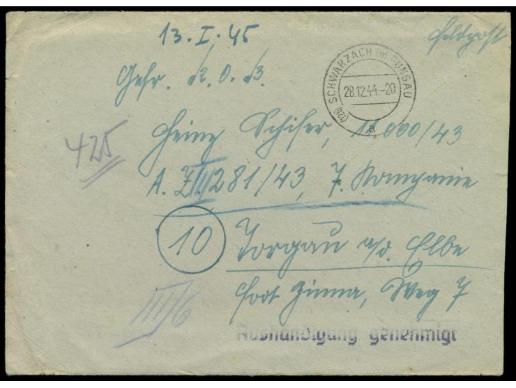 Feldpostbrief Schwarzach im Pongau 28.12.44 in das Wehrmachtsgefängnis  Torgau Fort Zinna,  Z1 Aushändigung genehmigt, mit In