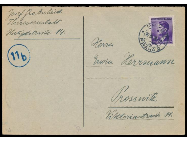 Ghetto Theresienstadt,  Empfangsbestätigungskarte für ein Paket, grüner Karton, Druckvermerk "A 6/103 - G-8n 6/m - X. 44 - De