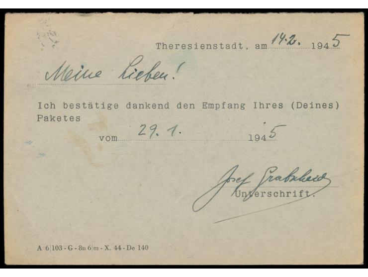 Ghetto Theresienstadt,  Empfangsbestätigungskarte für ein Paket, grüner Karton, Druckvermerk "A 6/103 - G-8n 6/m - X. 44 - De