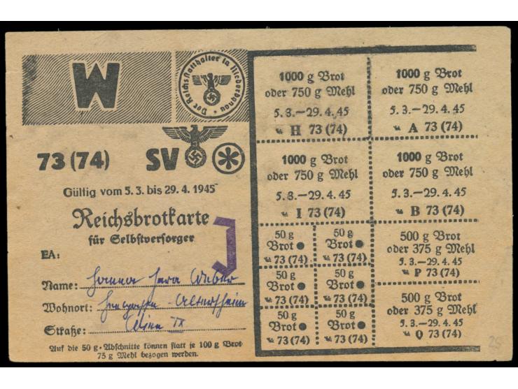 Reichsbrotkarte  von Wien / Niederdonau für Selbstversorger mit  aufgestempeltem "J" , gültig vom 5.3. bis 29.4.1945, auf Was