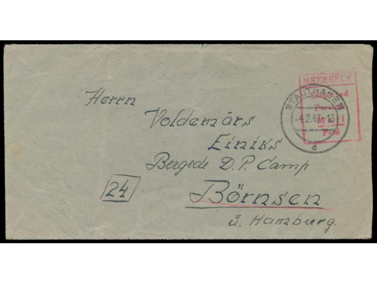 Brief eines Letten im DP-Camp Meerbeck mit Stempel  Meerbeck / Displaced / Persons / Mail / Paid  und Stempel  Stadthagen  4.
