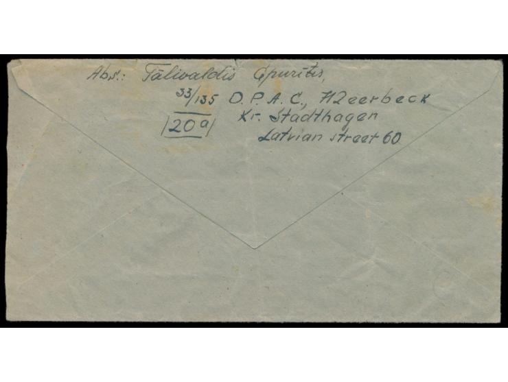 Brief eines Letten im DP-Camp Meerbeck mit Stempel  Meerbeck / Displaced / Persons / Mail / Paid  und Stempel  Stadthagen  4.