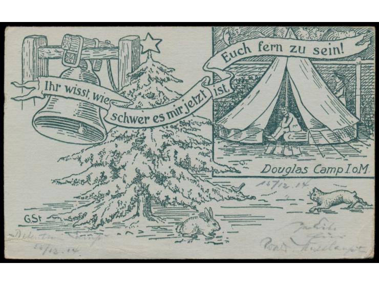 Douglas Camp I. o. M.,  seltene  Weihnachtskarte  aus der Lagerdruckerei nach Hannover, geschrieben am 15.12.1914, roter P.C.