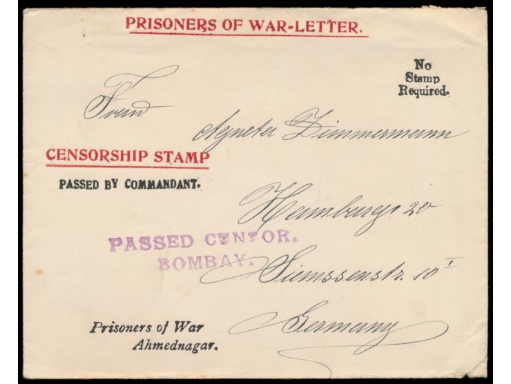 Internierungslager Ahmednagar,  1914 bis 1918, Korrespondenz von 4 Vordruckkarten (mit Abstreichtext)  und 2 Vordruckumschläg