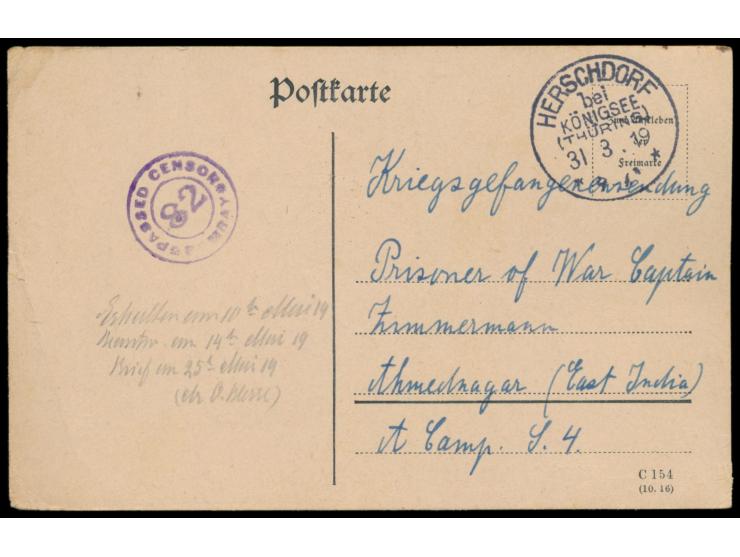 1914 bis 1918, Korrespondenz von 19 Karten und 2 Briefen aus Deutschland an den internierten Kapitän des  Dampfers Braunfels 