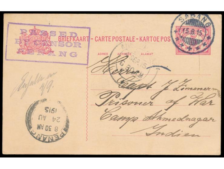 1915 bis 1917, Korrespondenz von 7  Niederländisch-Indien-Ganzsachen  aus Sabang an den internierten Kapitän des  Dampfers Br