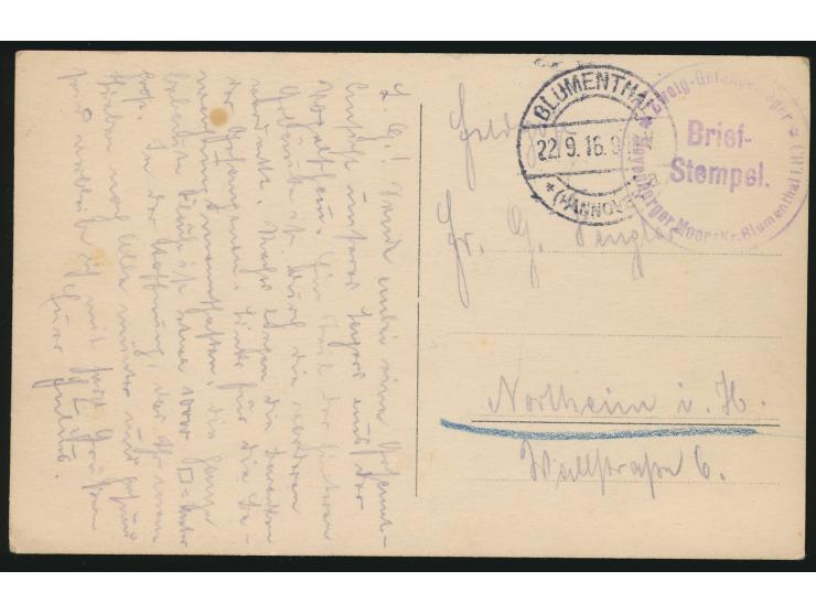 Stempel  Blumenthal (Hannover)  22.9.16 und Briefstempel  Zweig-Gefangenenlager Meyenburger Moor (Kr. Blumenthal i. H.)  auf 