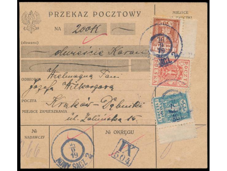 Postanweisung  auf 200 K., Frankatur 15 H., 25 H. und 50 H., aptierter Österreich-K2  Nowy Sacz 2  16.9.19, nach Krakow, rück