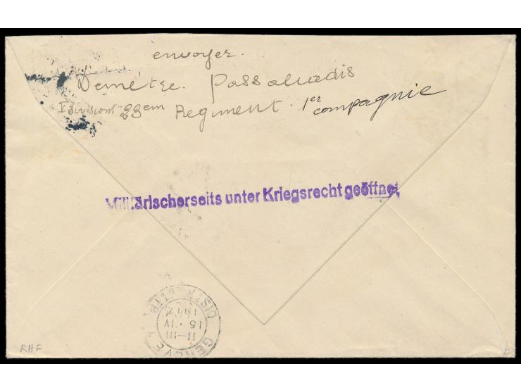 Brief eines Angehörigen des in Görlitz internierten IV. Griechischen Armeekorps an das Rote Kreuz in Genf, Frankatur 20 Pf., 