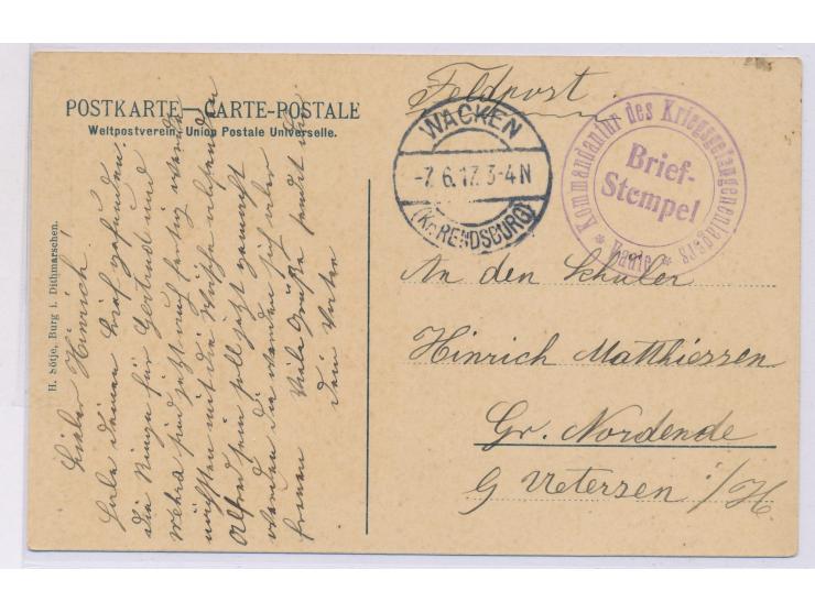 Stempel  Wacken (Kr. Rendsburg)  7.6.17 und Briefstempel  Kommandantur des Kriegsgefangenenlagers Vaale  auf Feldpost-Ansicht