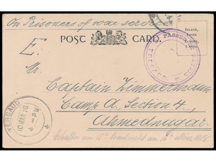 Karte aus dem indischen  Internment Camp Yercaud  an den internierten Kapitän des  Dampfers Braunfels  im indischen Internier