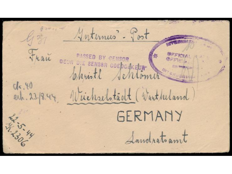 1943 / 1944: 3 Belege aus dem südafrikanischen  Internment Camp No. 2 Koffiefontein  nach Deutschland, 2 x mit frankiertem Lu