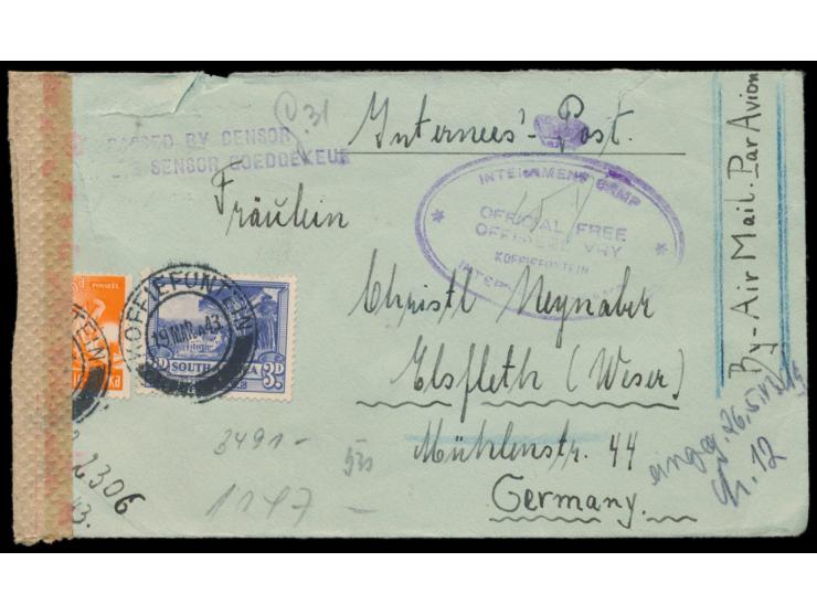 1943 / 1944: 3 Belege aus dem südafrikanischen  Internment Camp No. 2 Koffiefontein  nach Deutschland, 2 x mit frankiertem Lu