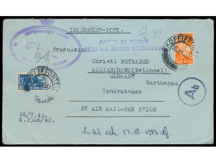 1943 / 1944: 3 Belege aus dem südafrikanischen  Internment Camp No. 2 Koffiefontein  nach Deutschland, 2 x mit frankiertem Lu