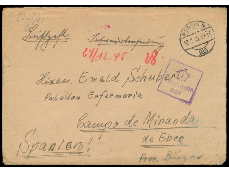 unfrankierter  Luftpostbrief  mit Stempel  Berlin N 103  11.2.45 an einen Angehörigen der deutschen Wehrmacht im spanischem  