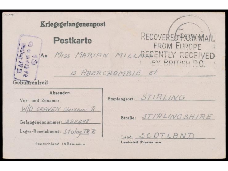 Kriegsgefangenen-Vordruckkarte aus dem &nbsp;Stalag IV B &nbsp;(Mühlberg / Elbe) nach Großbritannien, geschrieben am 18.3.194