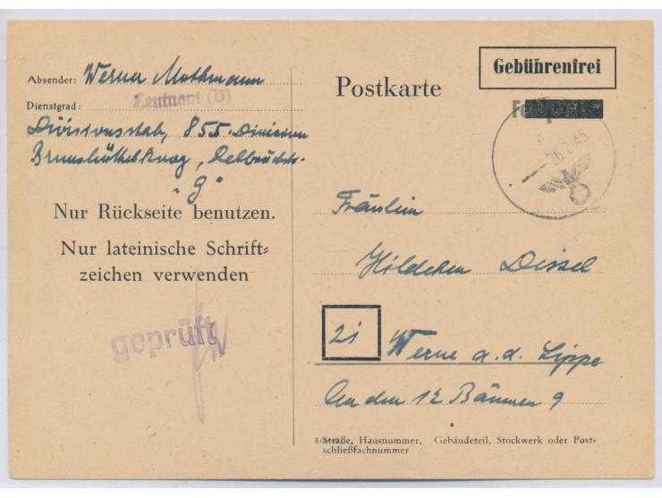Sperrgebiet G  (Korps Witthöft),  Gebührenfrei-Postkarte  (Meschenmoser M 2) mit handschriftlicher Absenderangabe "... Divisi