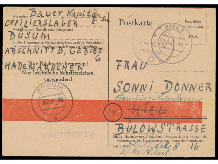 Wehrmacht-Interniertenpost:  Behelfsganzsache 6 Pf. mit Ausgabestempel Büsum 8.45, Absenderangabe "...  Offizierslager Büsum,