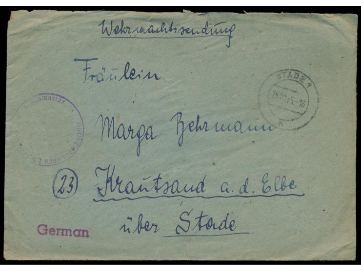 portofreier Brief "Wehrmachtssendung" mit aptiertem Dienstsiegel  "Kriegsmarine / Kommando 2. Minenräumbootsflottille"  und S