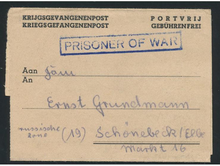 kleinformatiger zweisprachiger (niederländisch / deutsch) Kriegsgefangenen-Vordruckfaltbrief nach Schönebeck, geschrieben am 