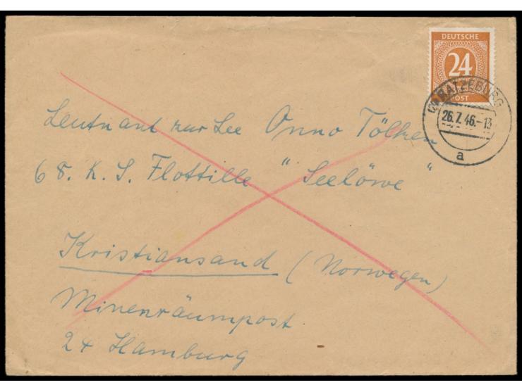 Brief an einen Leutnant z. See an Bord Minensuchboot Seelöwe in Kristiansand (Norwegen) über "Minenräumbootpost Hamburg", fra